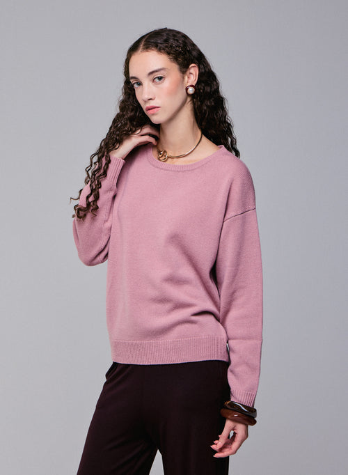 Pink Round Neck Long Sleeve Merino Wool Sweater - MAJESTIC FILATURES
