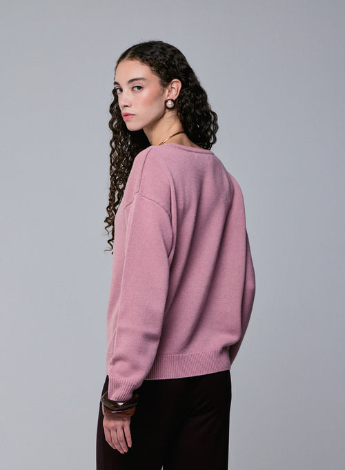 Pink Round Neck Long Sleeve Merino Wool Sweater - MAJESTIC FILATURES