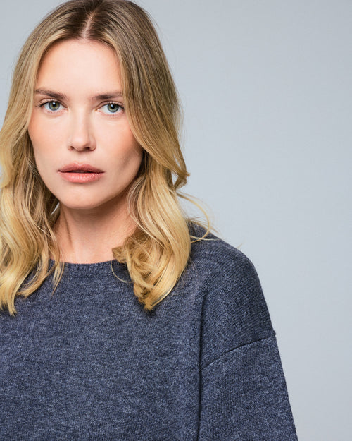 Grauer Kurzarmpullover aus Merinowolle mit Rundhalsausschnitt - MAJESTIC FILATURES