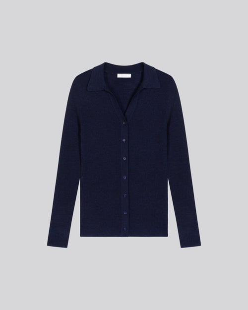 Navy Sweater Long Sleeve Merino Wool Shirt - MAJESTIC FILATURES