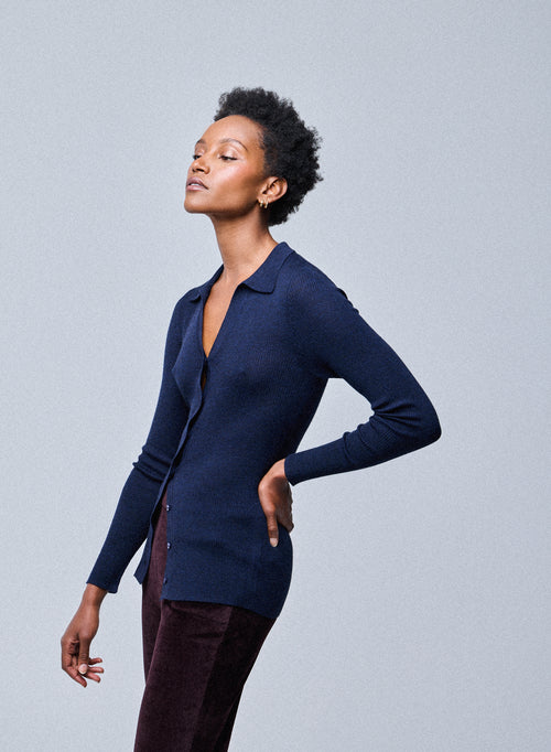 Navy Sweater Long Sleeve Merino Wool Shirt - MAJESTIC FILATURES