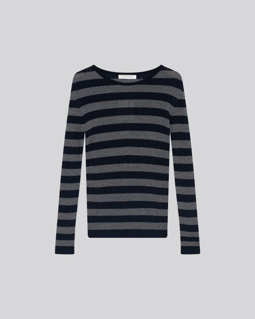 Navy Crew Neck Long Sleeve Sweater in Merino Wool - MAJESTIC FILATURES