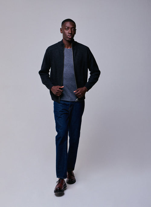 Gilet Noir Col Montant Manches Longues en Laine merinos - MAJESTIC FILATURES