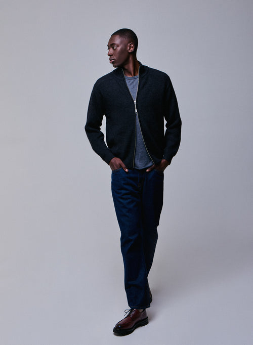 Gilet Noir Col Montant Manches Longues en Laine merinos - MAJESTIC FILATURES