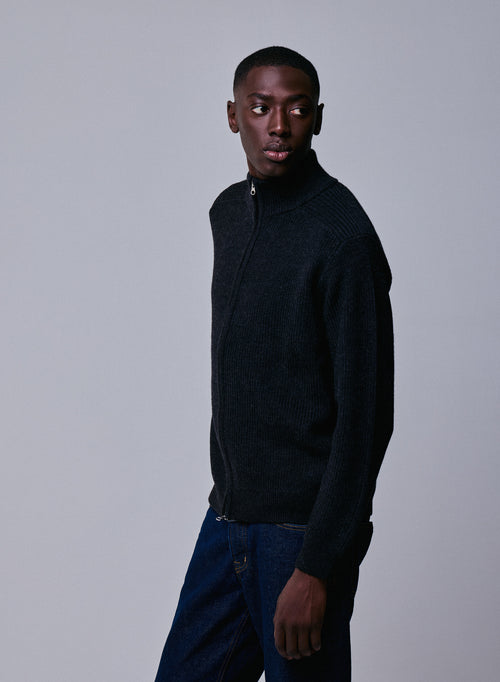 Gilet Noir Col Montant Manches Longues en Laine merinos - MAJESTIC FILATURES