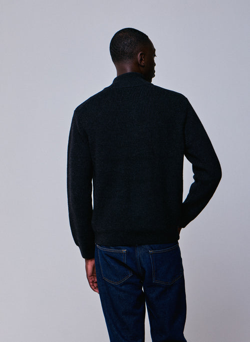 Gilet Noir Col Montant Manches Longues en Laine merinos - MAJESTIC FILATURES
