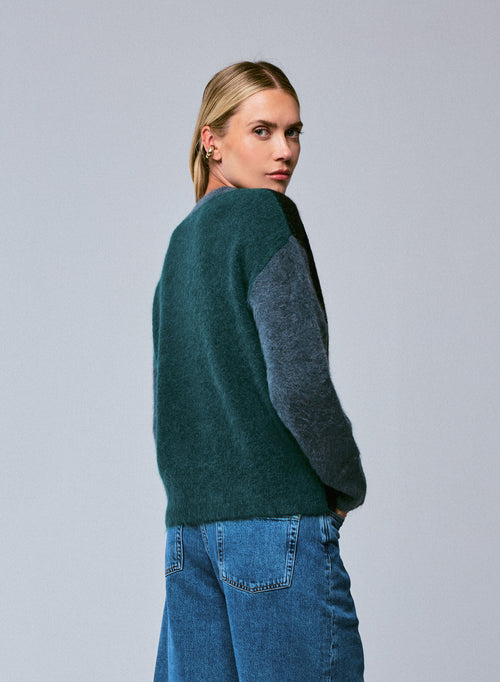 Mehrfarbiger langärmeliger Pullover mit Rundhalsausschnitt aus Alpaka / Polyamid / Elasthan - MAJESTIC FILATURES