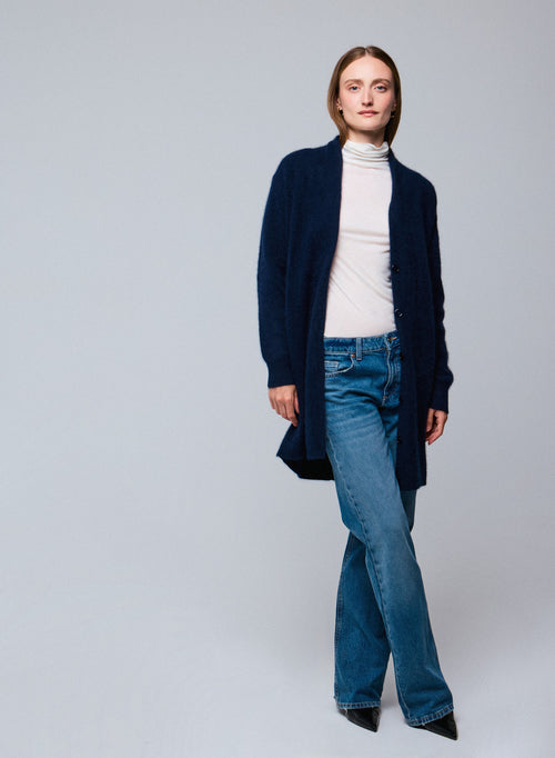 Gilet Marine Col Châle Manches Longues en Laine / Fox / Polyamide - MAJESTIC FILATURES