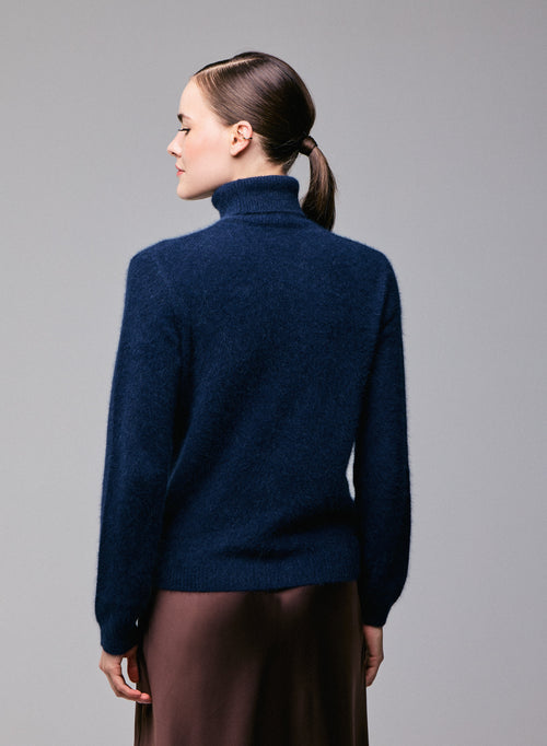Jersey de cuello alto azul marino con manga larga en lana / Fox / Poliamida - MAJESTIC FILATURES