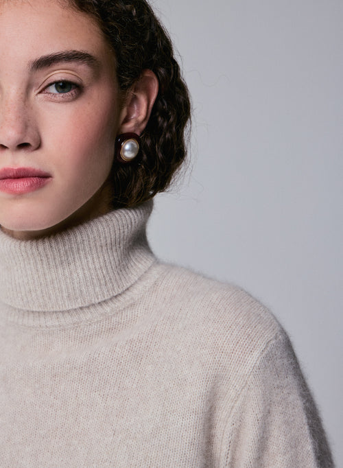 Suéter de cuello alto beige de manga larga en lana / zorro / poliamida - MAJESTIC FILATURES