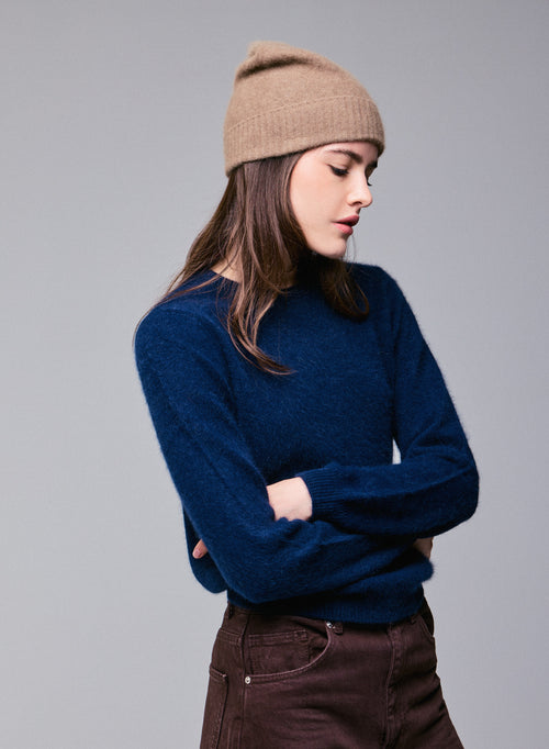 Jersey de manga larga azul marino con cuello redondo en lana / Fox / Poliamida - MAJESTIC FILATURES
