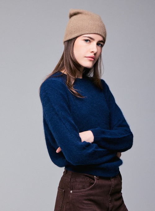 Marineblauer langärmeliger Pullover mit Rundhalsausschnitt aus Wolle / Fuchs / Polyamid - MAJESTIC FILATURES