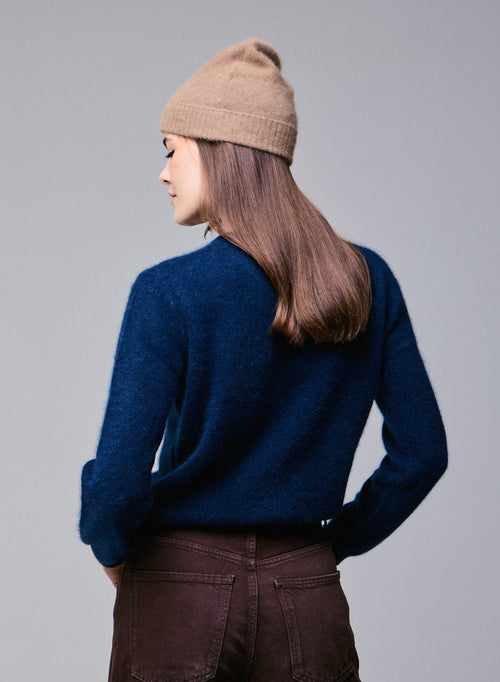 Jersey de manga larga azul marino con cuello redondo en lana / Fox / Poliamida - MAJESTIC FILATURES