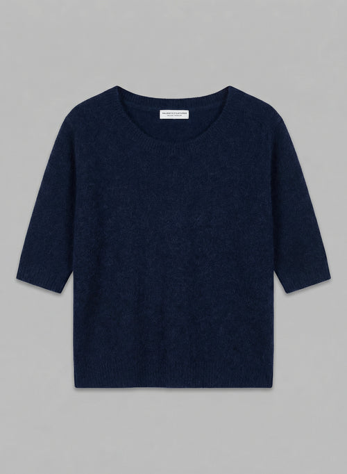 Navy Round-Neck Elbow-Length-Sleeve Sweater in Wool / Fox / polyamide - MAJESTIC FILATURES