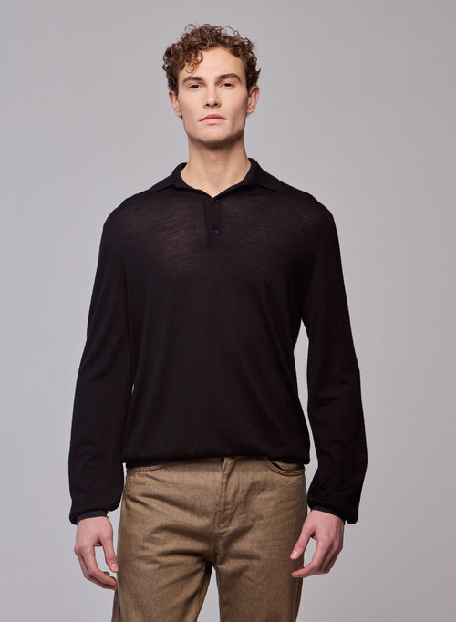 Polo Noir / Gris Polo Manches Longues en Laine merinos - MAJESTIC FILATURES