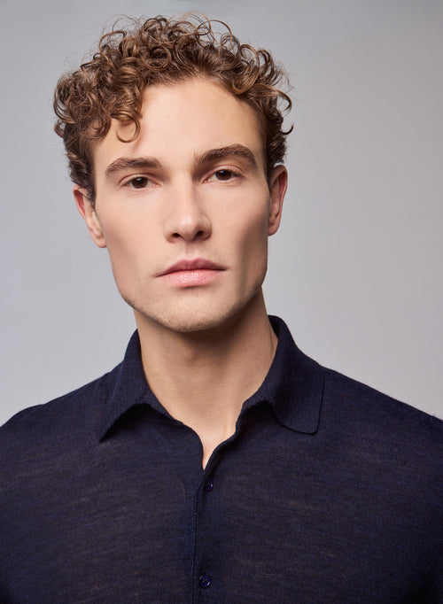 Polo Polo Azul Marino Manga Larga Lana Merino - MAJESTIC FILATURES