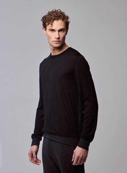 Black / Grey Long Sleeve Round Neck Sweater in Merino Wool - MAJESTIC FILATURES