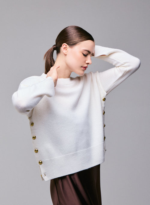 Jersey blanco de cuello redondo y manga larga de lana / cachemir - MAJESTIC FILATURES