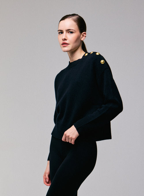 Jersey negro de cuello redondo y manga larga de lana / cachemir - MAJESTIC FILATURES