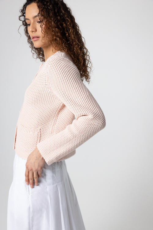 Langärmelige Strickjacke mit Rundhalsausschnitt aus Baumwolle in Rosenblüte - MAJESTIC FILATURES