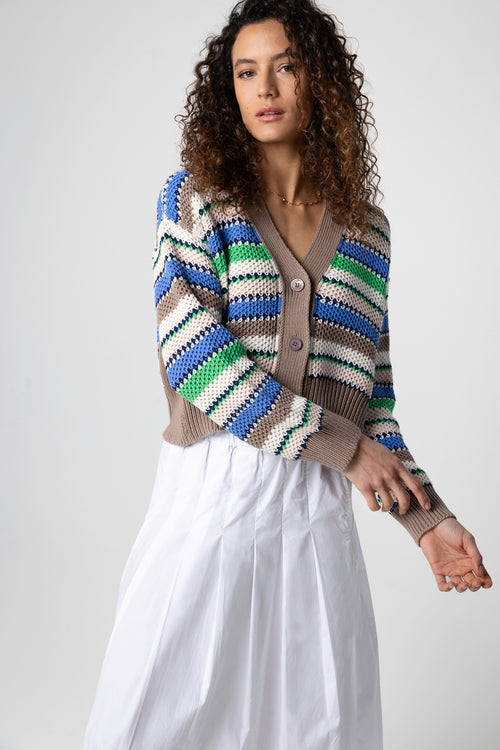 Gilet rayé multicouleur Col V Manches Longues en Coton - MAJESTIC FILATURES