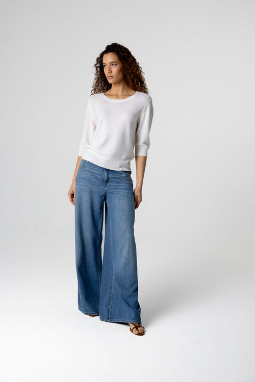 Pull Blanc Col Rond Manches Coudes en Laine merinos extrafine - MAJESTIC FILATURES