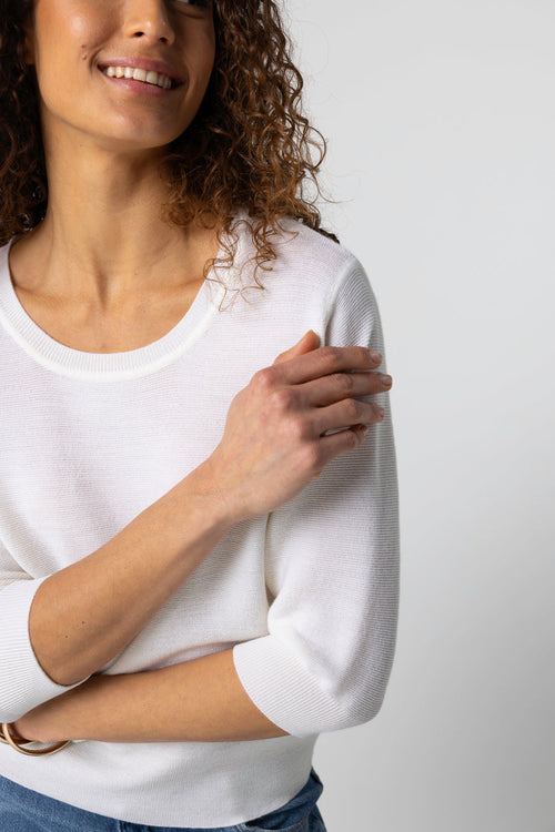 Jersey blanco de cuello redondo y mangas codos de lana merino extrafina. - MAJESTIC FILATURES