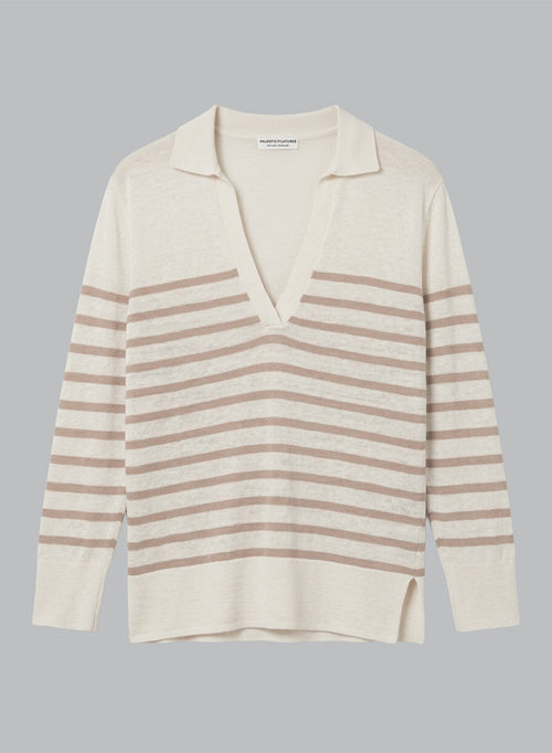 Polo a rayas color desierto con mangas tres cuartos de lino  - MAJESTIC FILATURES