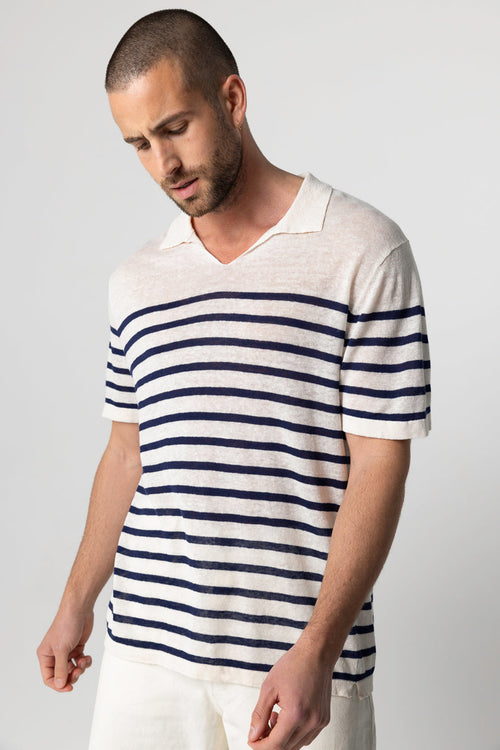 Polo Blue Moon a rayas blancas con mangas cortas de lino - MAJESTIC FILATURES
