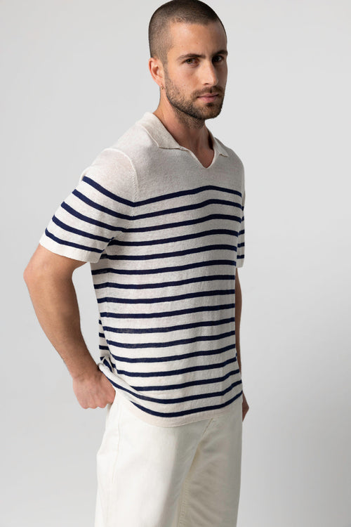 Polo Blue Moon a rayas blancas con mangas cortas de lino - MAJESTIC FILATURES