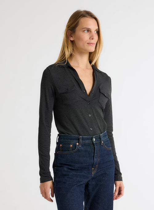 Anthrazit meliertes Langarmshirt aus Viskose und Elasthan - MAJESTIC FILATURES