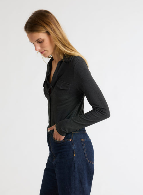 Anthrazit meliertes Langarmshirt aus Viskose und Elasthan - MAJESTIC FILATURES