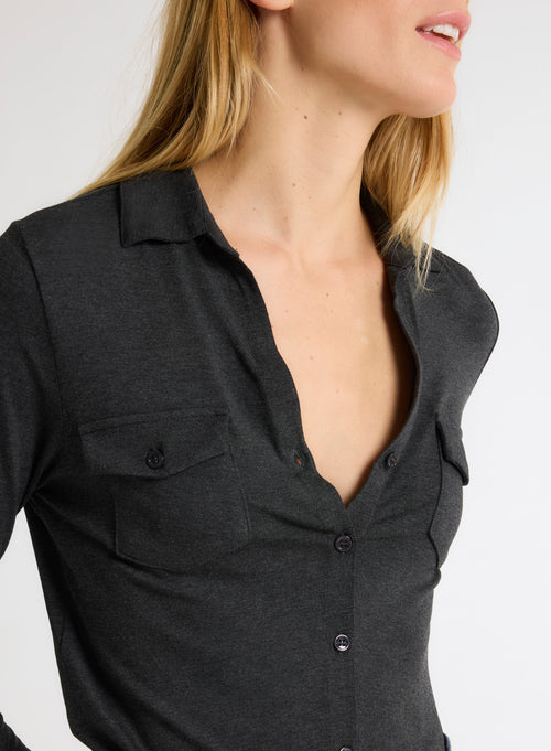 Anthrazit meliertes Langarmshirt aus Viskose und Elasthan - MAJESTIC FILATURES