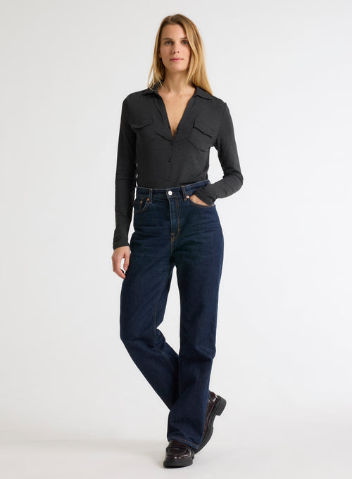 Anthrazit meliertes Langarmshirt aus Viskose und Elasthan - MAJESTIC FILATURES