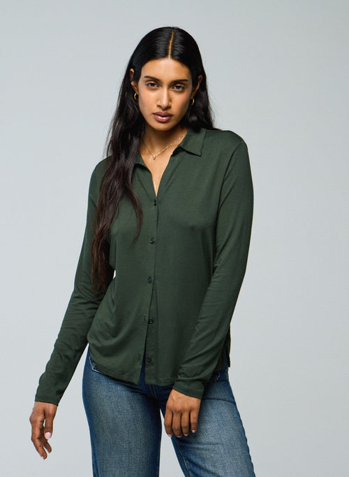 Green Shirt Long Sleeve Viscose / Elastane Shirt - MAJESTIC FILATURES