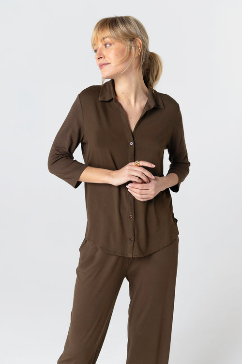 Chemise Marron Foncé Manches 3/4 en Viscose / Elasthanne - MAJESTIC FILATURES