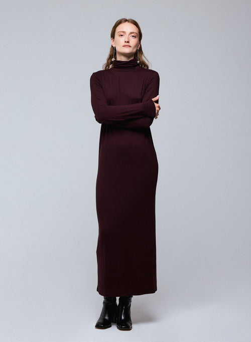 Purple Viscose / Elastane Long Sleeve Turtleneck Dress - MAJESTIC FILATURES