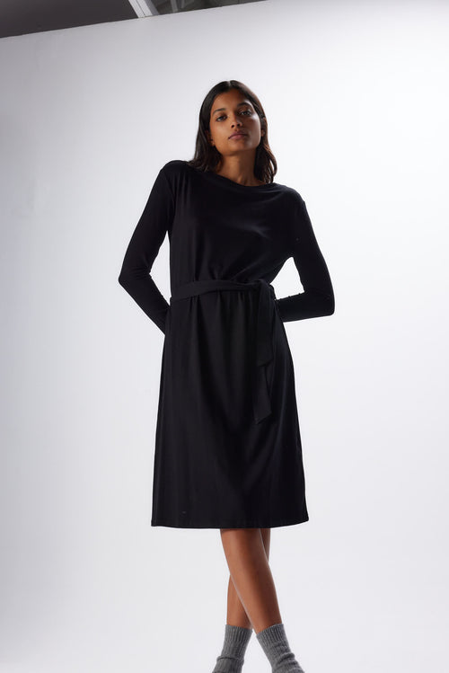 Robe Noir Col Bateau Manches Longues en Viscose et Élasthanne - MAJESTIC FILATURES