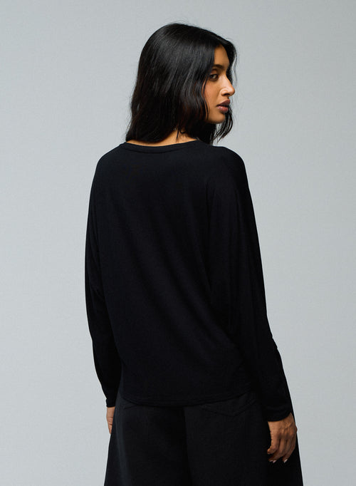Camiseta negra de manga larga con cuello en V y viscosa / elastano - MAJESTIC FILATURES