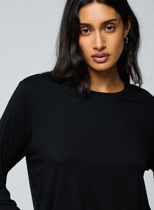 Schwarzes Langarm-T-Shirt mit Rundhalsausschnitt aus Viskose / Elasthan - MAJESTIC FILATURES