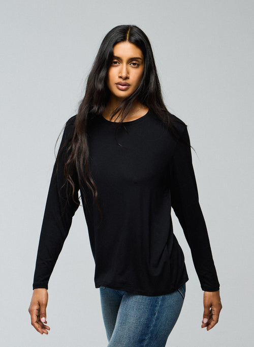 Schwarzes Langarm-T-Shirt mit Rundhalsausschnitt aus Viskose / Elasthan - MAJESTIC FILATURES
