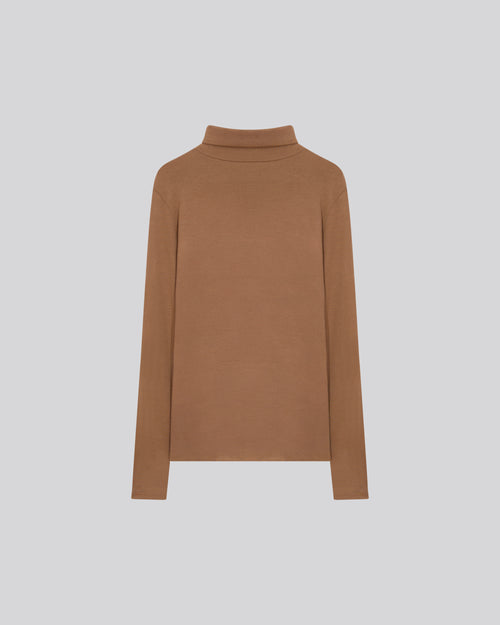 Beige Long Sleeves Turtleneck T-Shirt in Viscose and Elastane - MAJESTIC FILATURES