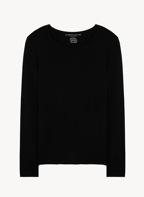 Schwarzes T-Shirt Seconde Peau Rundhalsausschnitt Langarm aus Viskose und Elasthan - MAJESTIC FILATURES