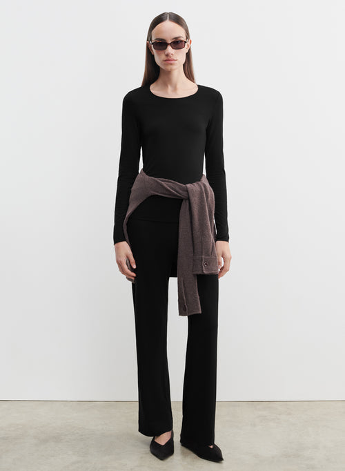 Black Round Neck Long Sleeves T-shirt in Viscose and Elastane - MAJESTIC FILATURES
