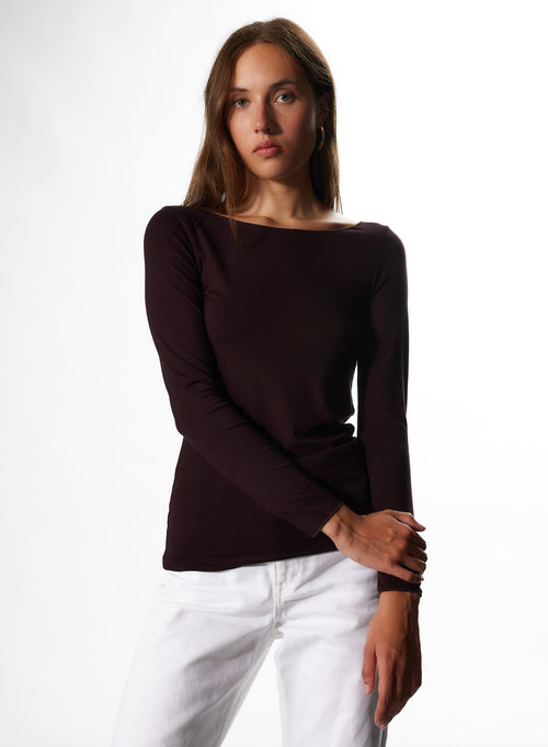 T-shirt Aubergine Col Bateau Manches 3/4 en Viscose et Élasthanne - MAJESTIC FILATURES