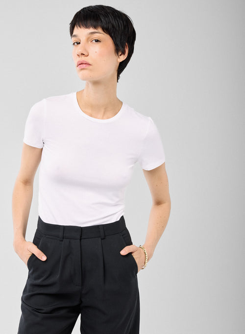 T-shirt Blanc Col Rond Manches Courtes en Viscose et Élasthanne - MAJESTIC FILATURES