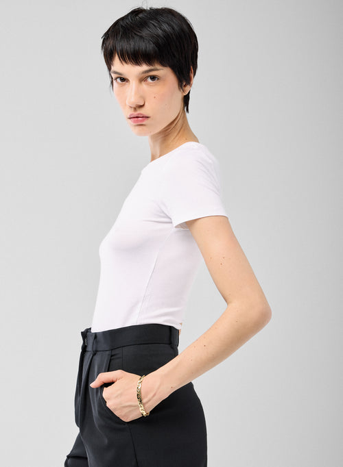 T-shirt Blanc Col Rond Manches Courtes en Viscose et Élasthanne - MAJESTIC FILATURES