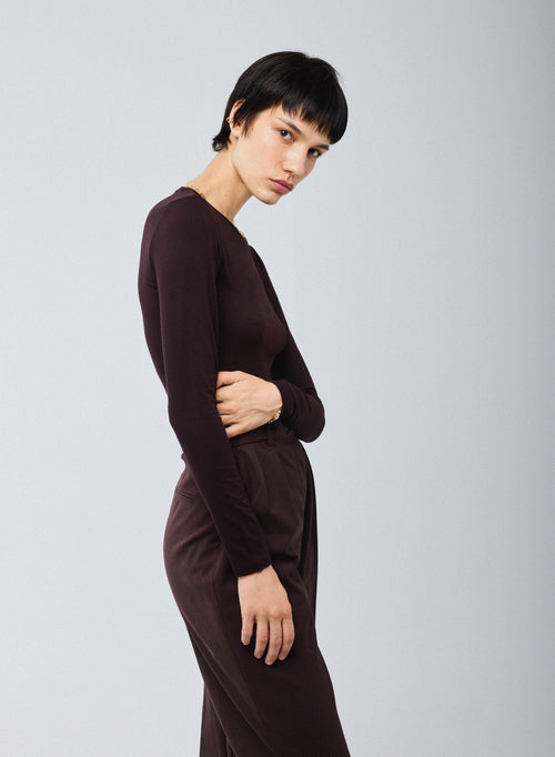 Purple T shirt Crew Neck Long Sleeves Viscose Elastane   - MAJESTIC FILATURES