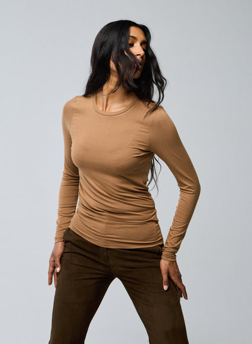 Beige Round Neck Long Sleeve T-shirt in Viscose / Elastane - MAJESTIC FILATURES