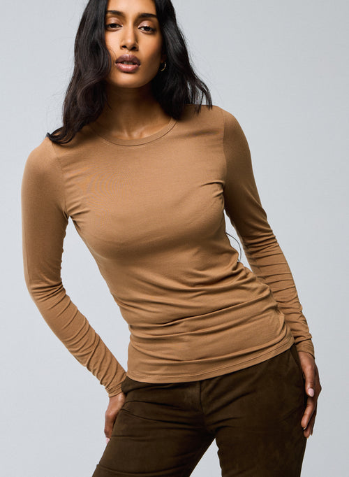 Beige Round Neck Long Sleeve T-shirt in Viscose / Elastane - MAJESTIC FILATURES